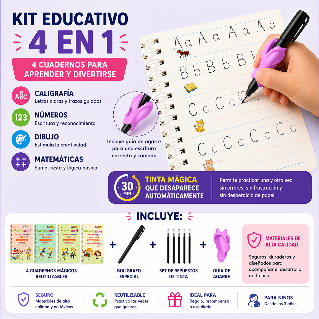 Cuaderno Mágico Reutilizable para Niños – Kit de Aprendizaje 4 en 1 con Tinta que Desaparece