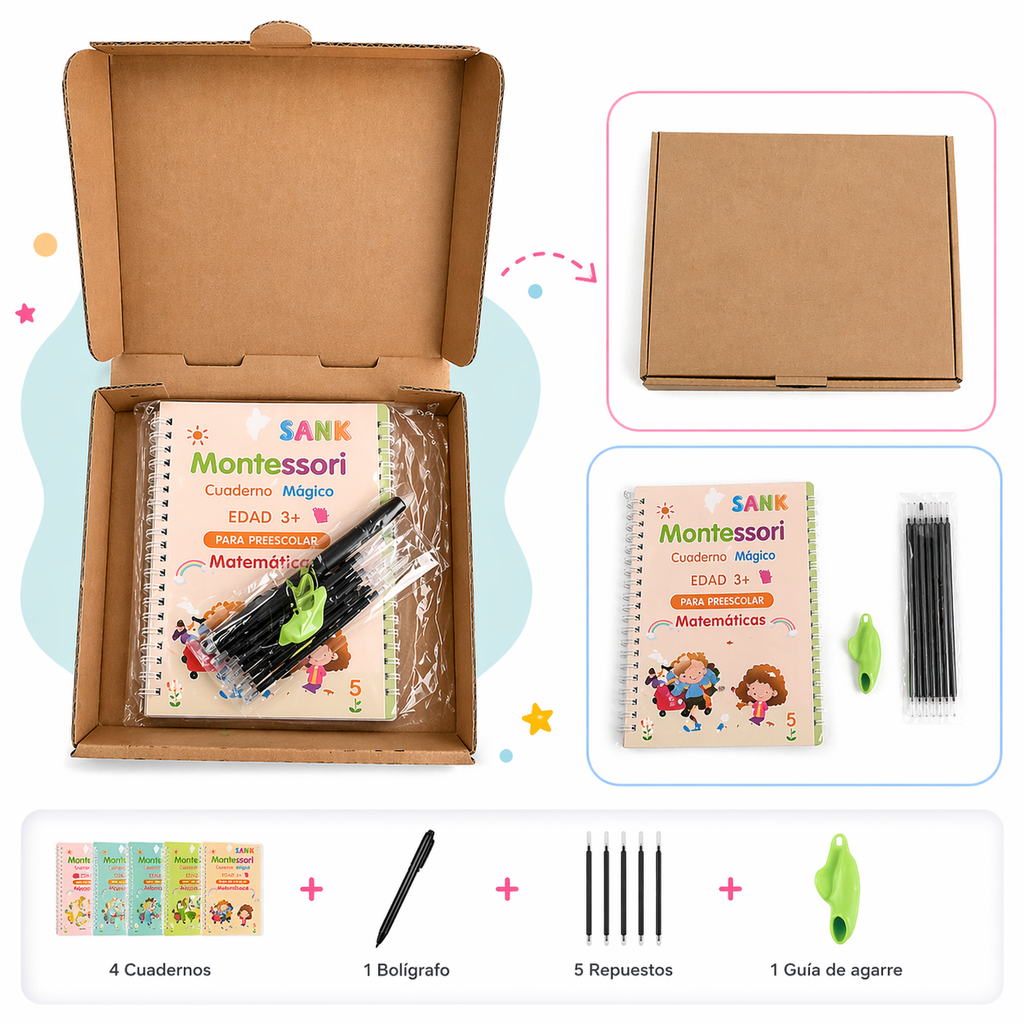 Cuaderno Mágico Reutilizable para Niños – Kit de Aprendizaje 4 en 1 con Tinta que Desaparece