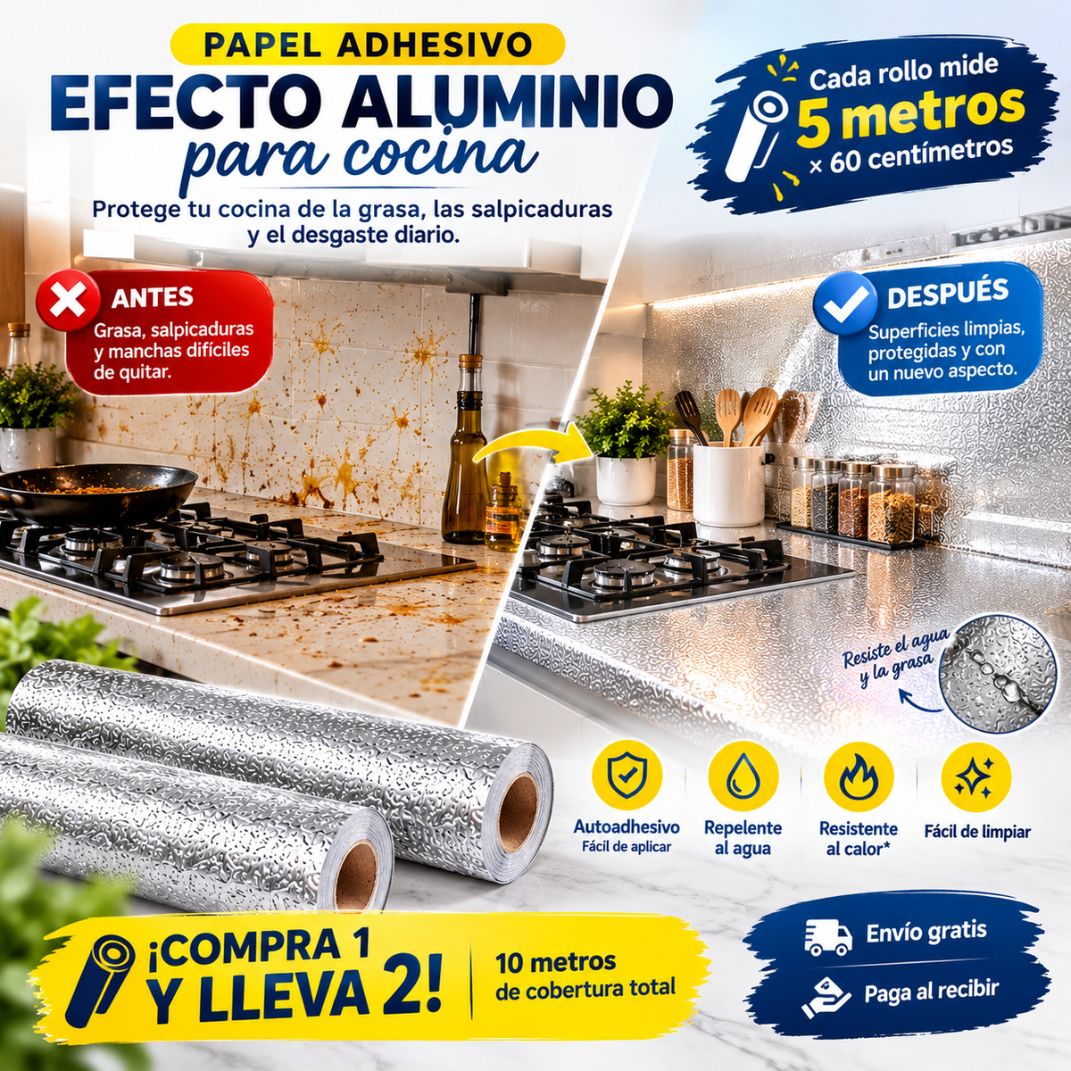 PAPEL ALUMINIO AUTOADHESIVO PARA COCINA – 5 METROS 🎁