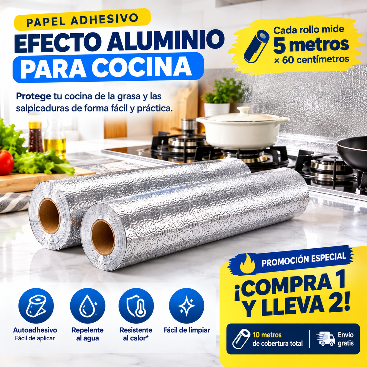PAPEL ALUMINIO AUTOADHESIVO PARA COCINA – 5 METROS 🎁
